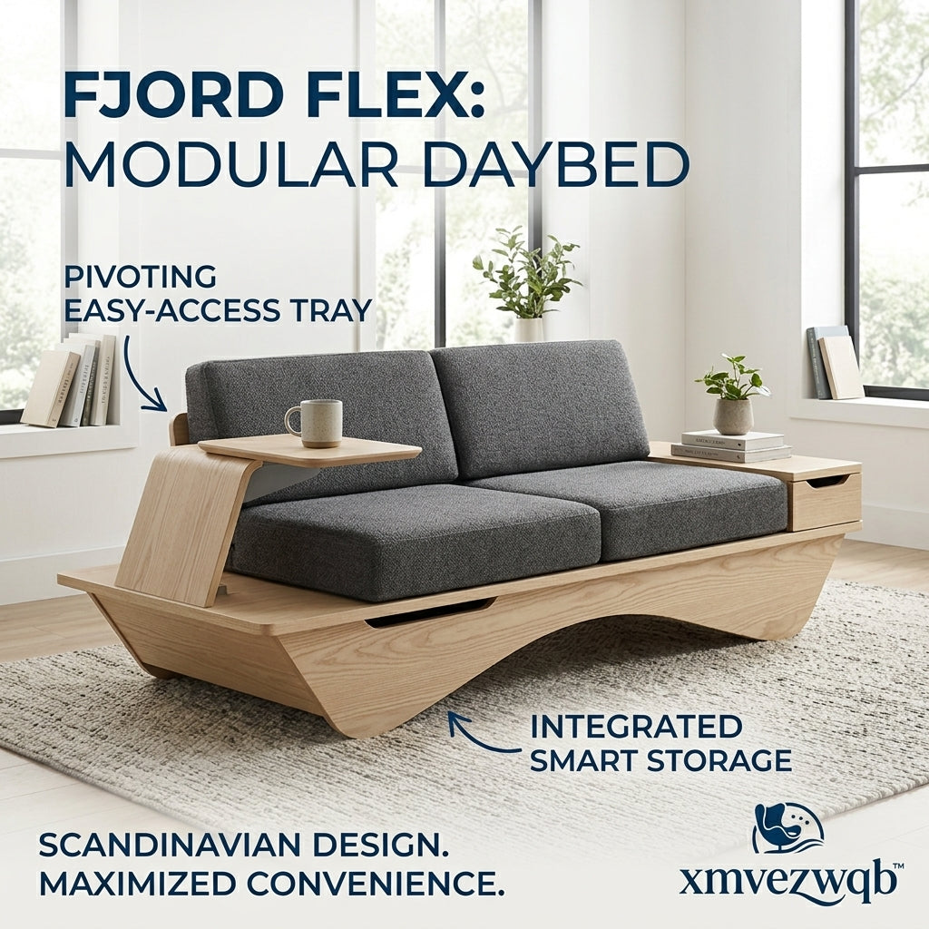 xmvezwqb™ Fjord Flex Modular Daybed - Scandinavian Wood Sofa Bed with Pivoting Tray and Integrated Smart Storage - Modern Minimalist Loveseat for Living Room, Office, and Guest Spaces