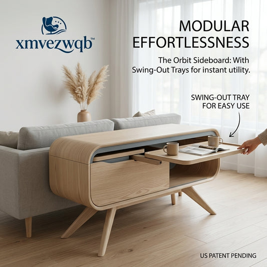 xmvezwqb™ Orbit Modular Sideboard - Mid-Century Modern Sofa Console Table with Innovative Swing-Out Utility Trays, Space-Saving Wooden Behind-Couch Credenza for Living Room and Entryway