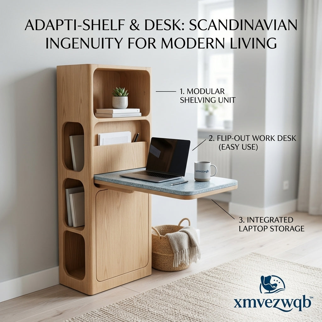 xmvezwqb™ Adapti-Shelf & Desk | Scandinavian Modular Shelving Unit with Flip-Out Workstation | Space-Saving Folding Secretary Desk & Integrated Laptop Storage for Small Spaces, Home Office, and Living Room