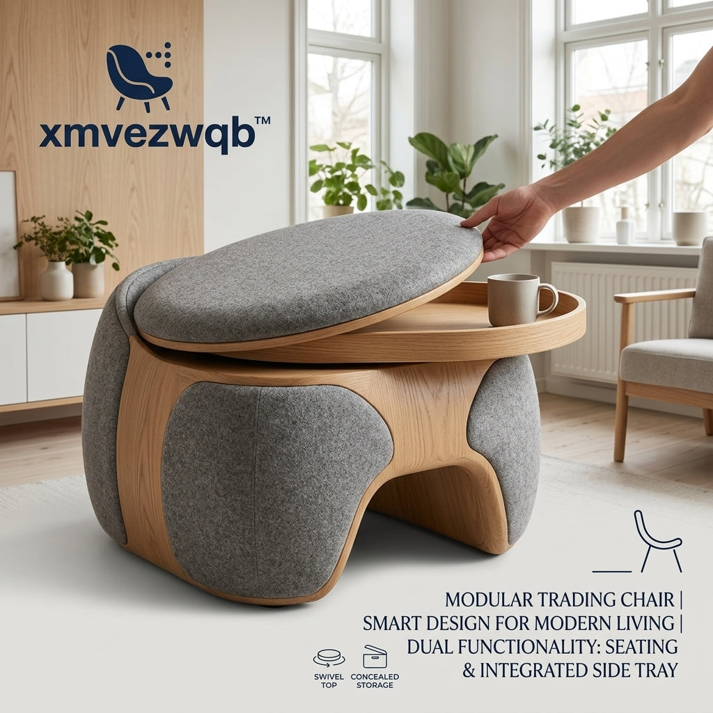 xmvezwqb™ 3-in-1 Modular Swivel Ottoman Chair with Integrated Wood Tray & Concealed Storage, Modern Upholstered Footstool Accent Seat, Space-Saving Multifunctional Side Table for Living Room and Bedroom